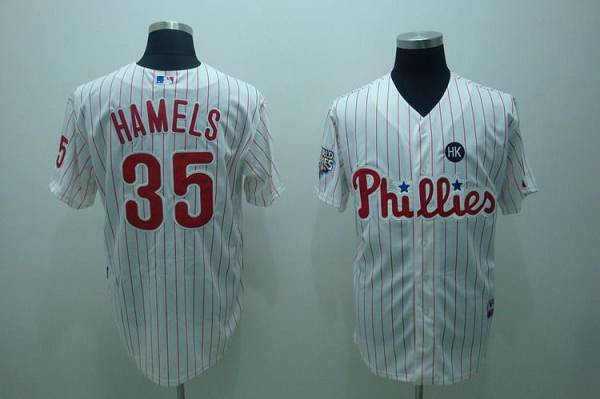 Phillies #35 Colbert Hamels Stitched White Red Strip Jersey