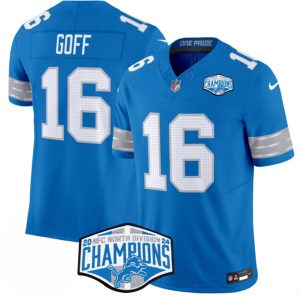 Detroit Lions #16 Jared Goff Blue 2024 NFC North Champions F.U.S.E. Vapor Limited Stitched Jersey