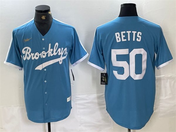 Los Angeles Dodgers #50 Mookie Betts Light Blue Throwback Cool Base Stitched Jersey