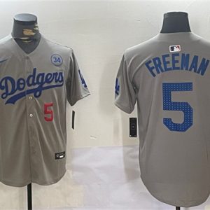 Los Angeles Dodgers #5 Freddie Freeman Gray 2024 World Series With No. 34 Patch Limited Stitched Jersey