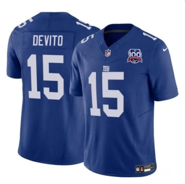 New York Giants #15 Tommy DeVito Blue 2024 F.U.S.E. 100TH Season Patch Vapor Untouchable Limited Stitched Jersey