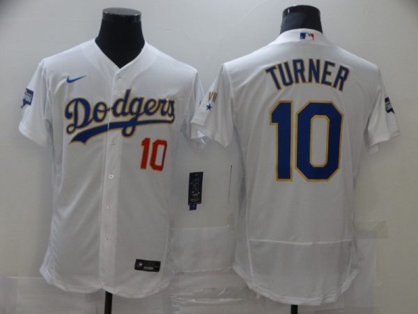 Los Angeles Dodgers #10 Justin Turner White Gold Championship Flex Base Sttiched Jersey