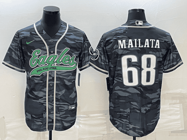 Philadelphia Eagles #68 Jordan Mailata Grey Camo With Patch Cool Base Stitched Baseball Jersey