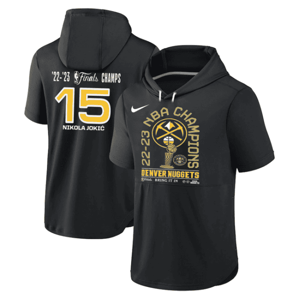 Denver Nuggets #15 Nikola Jokic Black 2022-23 Champions Performance Short Sleeve Pullover Hoodie