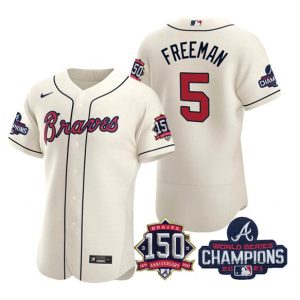 Atlanta Braves #5 Freddie Freeman 2021 Cream World Series Champions With 150th Anniversary Flex Base Stitched Jersey