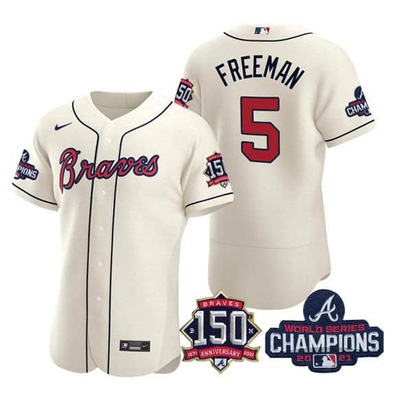 Atlanta Braves #5 Freddie Freeman 2021 Cream World Series Champions With 150th Anniversary Flex Base Stitched Jersey