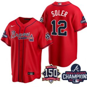 Atlanta Braves #12 Jorge Soler 2021 Red World Series Champions With 150th Anniversary Patch Cool Base Stitched Jersey