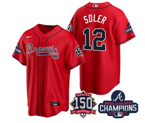 Atlanta Braves #12 Jorge Soler 2021 Red World Series Champions With 150th Anniversary Patch Cool Base Stitched Jersey