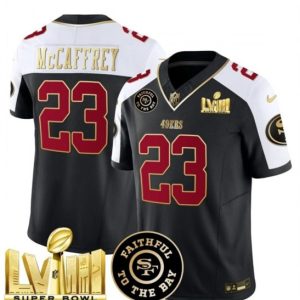 San Francisco 49ers #23 Christian McCaffrey Black White 2024 F.U.S.E. Super Bowl LVIII Patch Alternate Vapor Limited Stitched Jersey