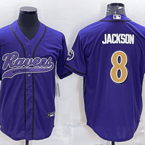 Baltimore Ravens #8 Lamar Jackson Purple Gold With Patch Cool Base Stitched Baseball Jersey