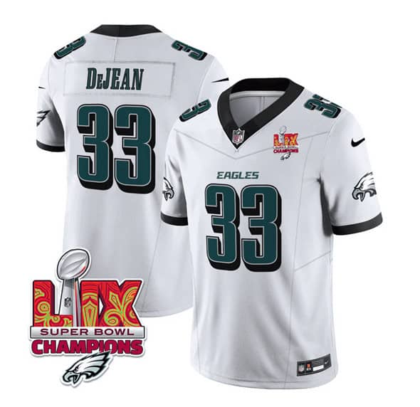 Philadelphia Eagles #33 Cooper DeJean White 2025 Eagles Logo Super Bowl LIX Patch New F.U.S.E. Vapor Untouchable Limited Stitched Jersey