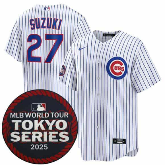 Chicago Cubs #27 Seiya Suzuki White 2025 World Tour: Tokyo Series Home Stitched Jersey