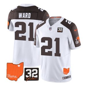 Cleveland Browns #21 Denzel Ward White Brown 2023 F.U.S.E. With Jim Brown Memorial Patch Vapor Untouchable Limited Stitched Jersey
