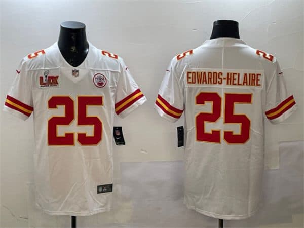 Kansas City Chiefs #25 Clyde Edwards-Helaire White 2025 Super Bowl LIX Patch Vapor Untouchable Limited Stitched Jersey