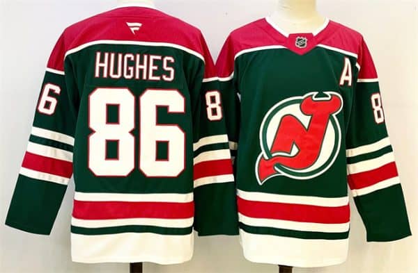 New Jersey Devils #86 Jack Hughes Green Red 2024-25 With A Patch Stitched Jersey