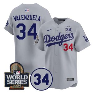 Los Angeles Dodgers #34 Toro Valenzuela Gray 2024 World Series With No. 34 Patch Limited Stitched Jersey