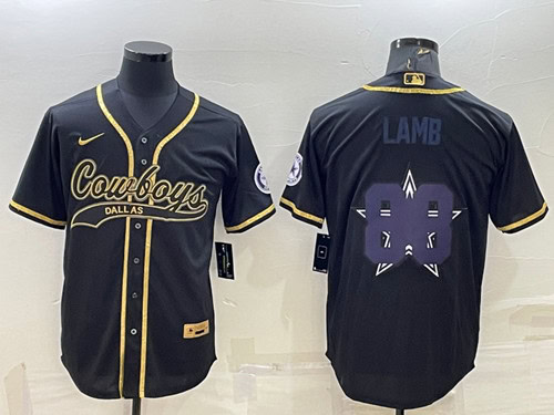 Dallas Cowboys #88 CeeDee Lamb Black Gold Team Big Logo With Patch Cool Base Stitched Baseball Jersey