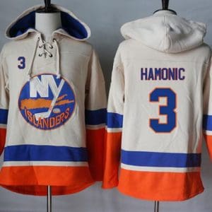 Islanders #3 Travis Hamonic Cream Sawyer Hooded Sweatshirt Stitched Jersey