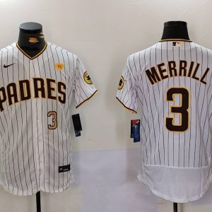 San Diego Padres #3 Jackson Merrill White With PS Patch Flex Base Stitched Jersey