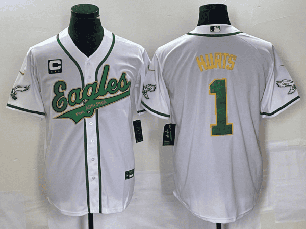 Philadelphia Eagles #1 Jalen Hurts White Gold With C Patch Cool Base Stitched Jersey