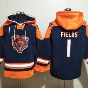 Chicago Bears #1 Justin Fields Navy Ageless Must-Have Lace-Up Pullover Hoodie