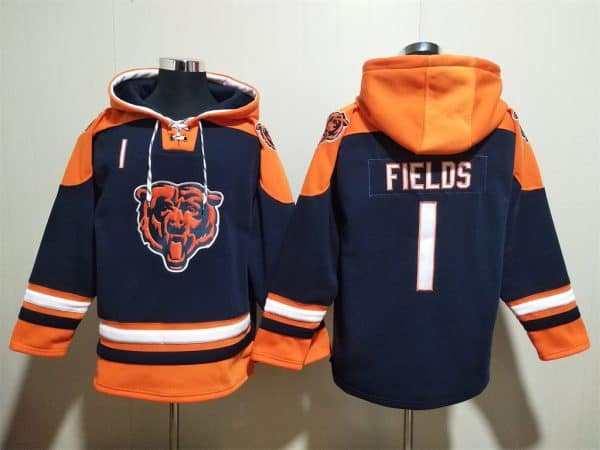 Chicago Bears #1 Justin Fields Navy Ageless Must-Have Lace-Up Pullover Hoodie