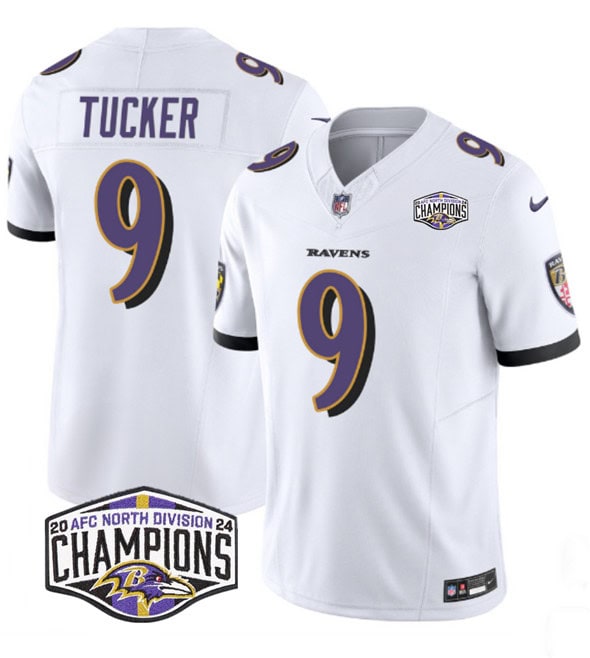 Baltimore Ravens #9 Justin Tucker White F.U.S.E. 2024 AFC North Division Champions Vapor Limited Jersey