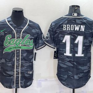 Philadelphia Eagles #11 A. J. Brown Gray Camo With Patch Cool Base Stitched Baseball Jersey