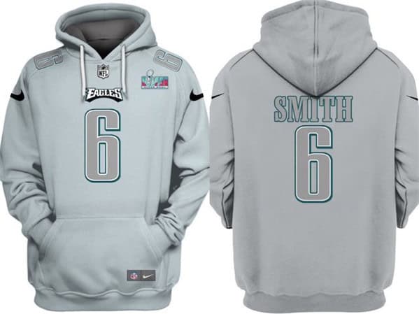 Philadelphia Eagles #6 DeVonta Smith Gray Atmosphere Fashion Super Bowl LVII Patch Pullover Hoodie