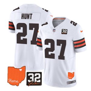 Cleveland Browns #27 Kareem Hunt White 2023 F.U.S.E. With Jim Brown Memorial Patch Vapor Untouchable Limited Stitched Jersey