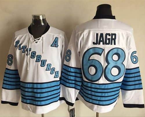 Penguins #68 Jaromir Jagr White Light Blue CCM Throwback Stitched Jersey