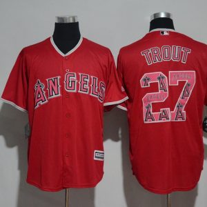 Los Angeles Angels #27 Mike Trout Red Team Logo Print Cool Base Stitched Jersey