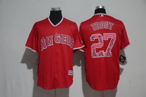 Los Angeles Angels #27 Mike Trout Red Team Logo Print Cool Base Stitched Jersey