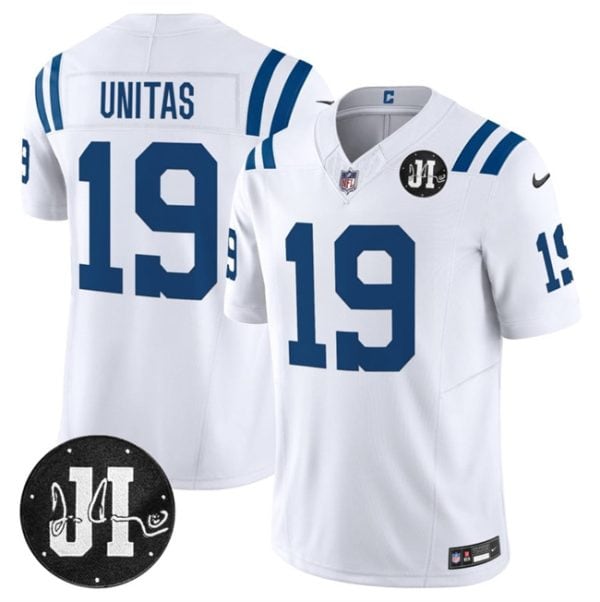 Indianapolis Colts #19 Johnny Unitas White 2025 F.U.S.E. Jim Irsay Patch Vapor Limited Stitched Jersey
