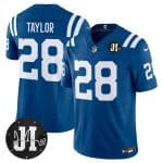 Indianapolis Colts #28 Jonathan Taylor Blue 2025 F.U.S.E. Jim Irsay Patch Vapor Limited Stitched Jersey
