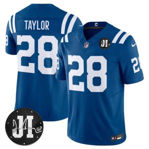 Indianapolis Colts #28 Jonathan Taylor Blue 2025 F.U.S.E. Jim Irsay Patch Vapor Limited Stitched Jersey