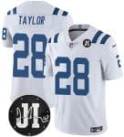 Indianapolis Colts #28 Jonathan Taylor White Jim Irsay Patch Vapor Limited Stitched Jersey