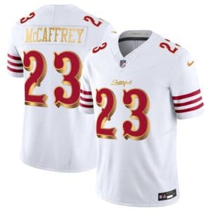 San Francisco 49ers #23 Christian McCaffrey White Gold 2025 F.U.S.E. ¡°Rivalries¡± Vapor Limited Stitched Jersey