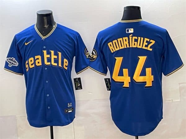 Seattle Mariners #44 Julio Rodr¨ªguez Royal With 2025 AL West Division Champions Patch City Connect Limited Stitched Jersey