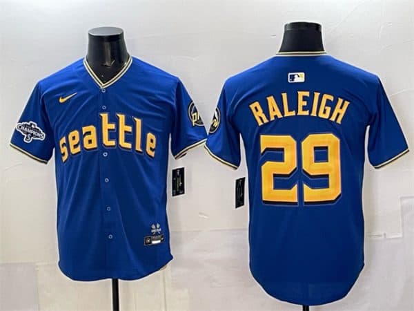 Seattle Mariners #29 Cal Raleigh Royal With 2025 AL West Division Champions Patch City Connect Limited Stitched Jersey