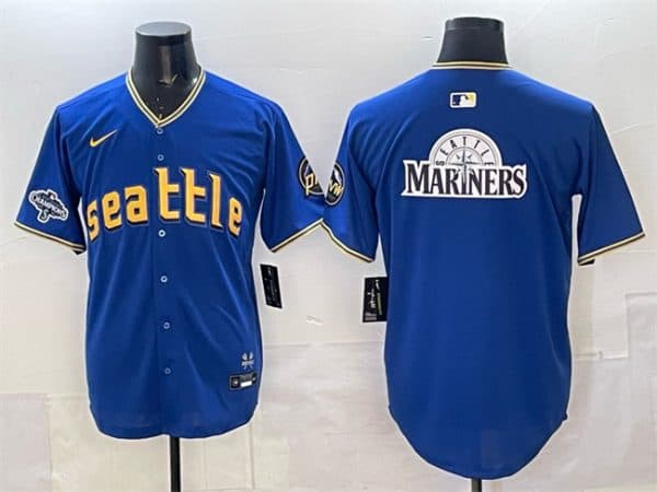 Seattle Mariners Team Big Logo Royal With 2025 AL West Division Champions Patch City Connect Limited Stitched Jersey