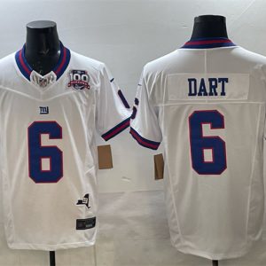New York Giants #6 Jaxson Dart White 2025 Draft F.U.S.E. 100th Season State Patch Vapor Limited Stitched Jersey