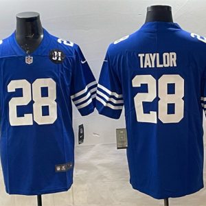 Indianapolis Colts #28 Jonathan Taylor Blue Jim Irsay Patch Vapor Limited Stitched Jersey