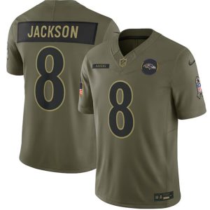 Baltimore Ravens #8 Lamar Jackson Olive 2025 Salute to Service Limited Stitched Jersey