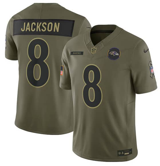 Baltimore Ravens #8 Lamar Jackson Olive 2025 Salute to Service Limited Stitched Jersey