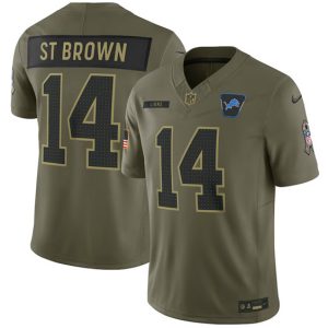Detroit Lions #14 Amon-Ra St. Brown Olive 2025 Salute to Service Limited Stitched Jersey