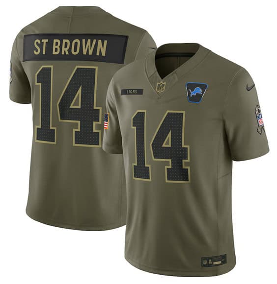 Detroit Lions #14 Amon-Ra St. Brown Olive 2025 Salute to Service Limited Stitched Jersey
