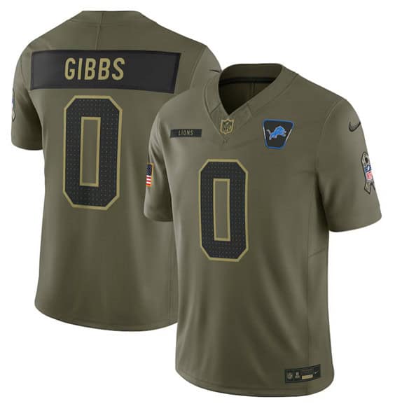 Detroit Lions #0 Jahmyr Gibbs Olive 2025 Salute to Service Limited Stitched Jersey