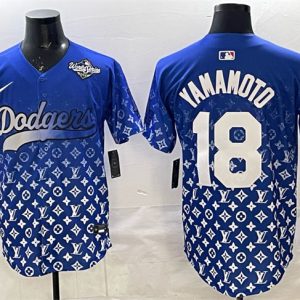 Los Angeles Dodgers #18 Yoshinobu Yamamoto Blue 2025 World Series Patch Limited Stitched Jersey