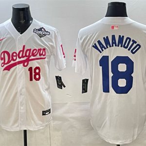 Los Angeles Dodgers #18 Yoshinobu Yamamoto White Pink 2025 World Series Vin Kobe Patch Limited Stitched Jersey